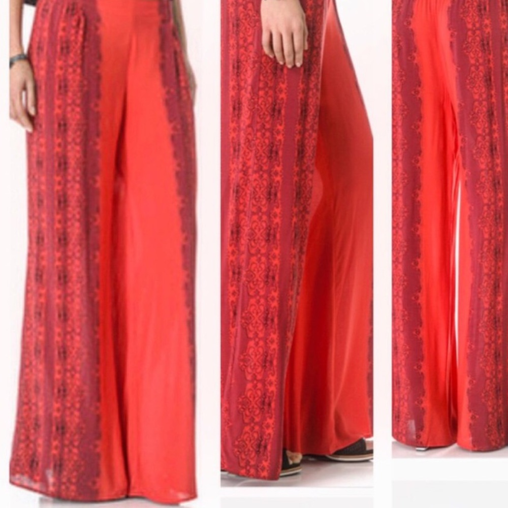 Free People Red Wide Leg Pants with Lace-Trim Panels